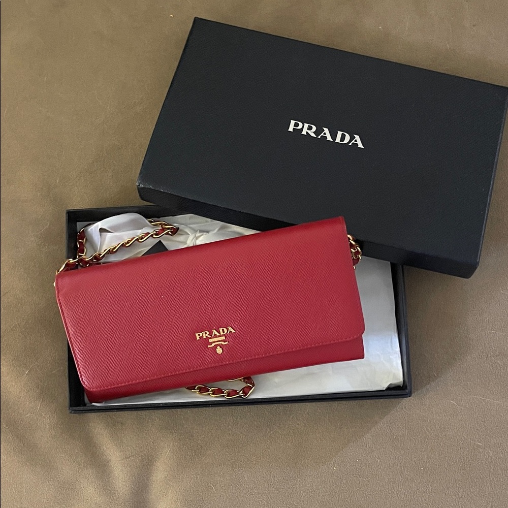 Prada Scarlet Leather Chain Wallet